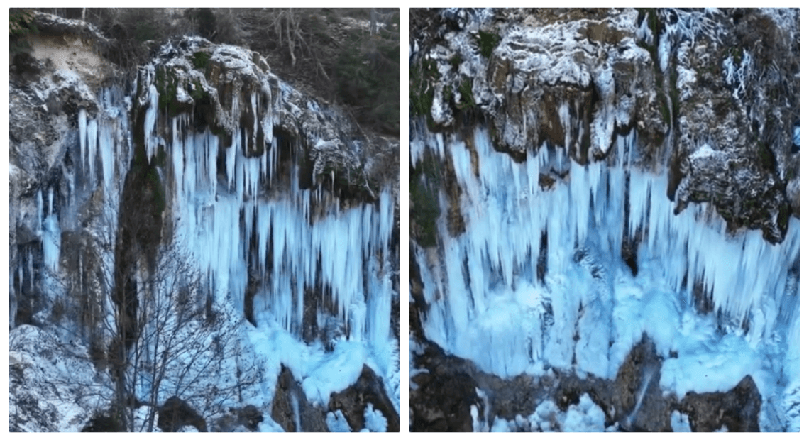 Cascada Pișoaia din Apuseni, o minune a naturii! Căderea de apă a înghețat și decorul este magic - VIDEO