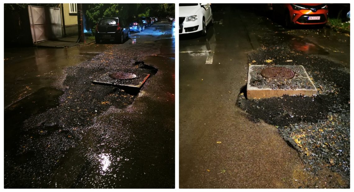 CRATER în mijlocul drumului, pe strada 1 Mai din Bistrița: Un bistrițean întors din străinătate acuză: ”Neglijență, bătaie de joc și administrație de fațadă”