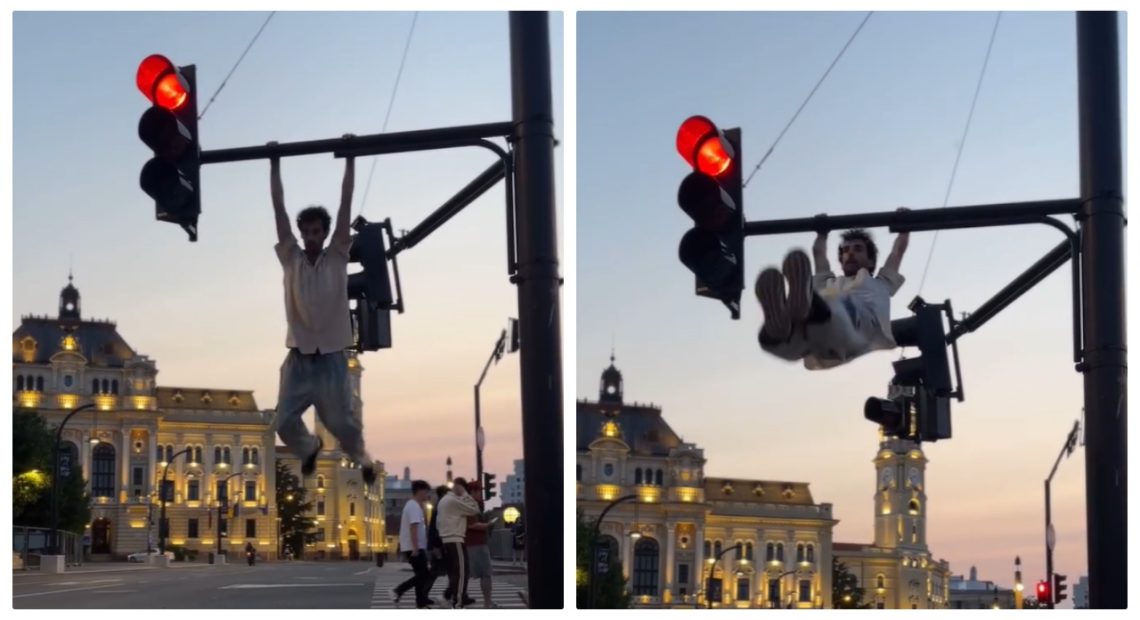 Cascadorie periculoasă pe semafor în Oradea. Polițiștii nu l-au identificat pe „maimuțoiul” acrobat, suspectat că a folosit inteligența artificială pentru postare