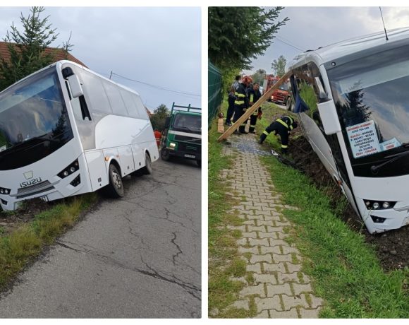 Accident rutier pe DN 13B, la Borzont: Un autobuz cu 26 de persoane a ajuns în șanț, pasagerii au fost evacuați în siguranță