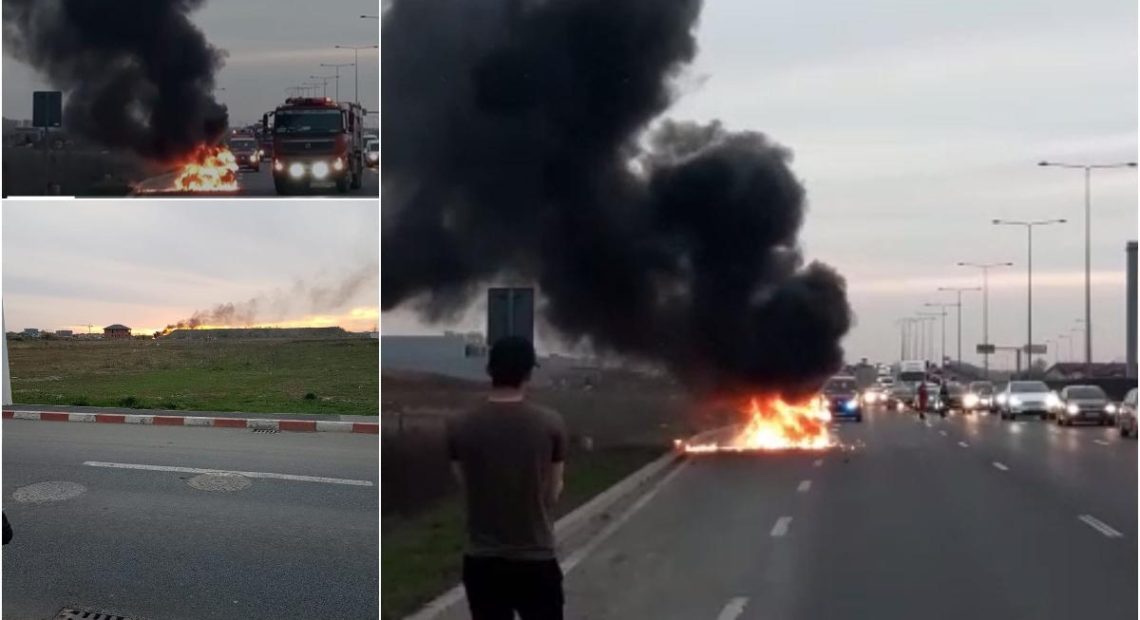 O mașină a luat foc pe Autostrada A10, Teiuș - Alba