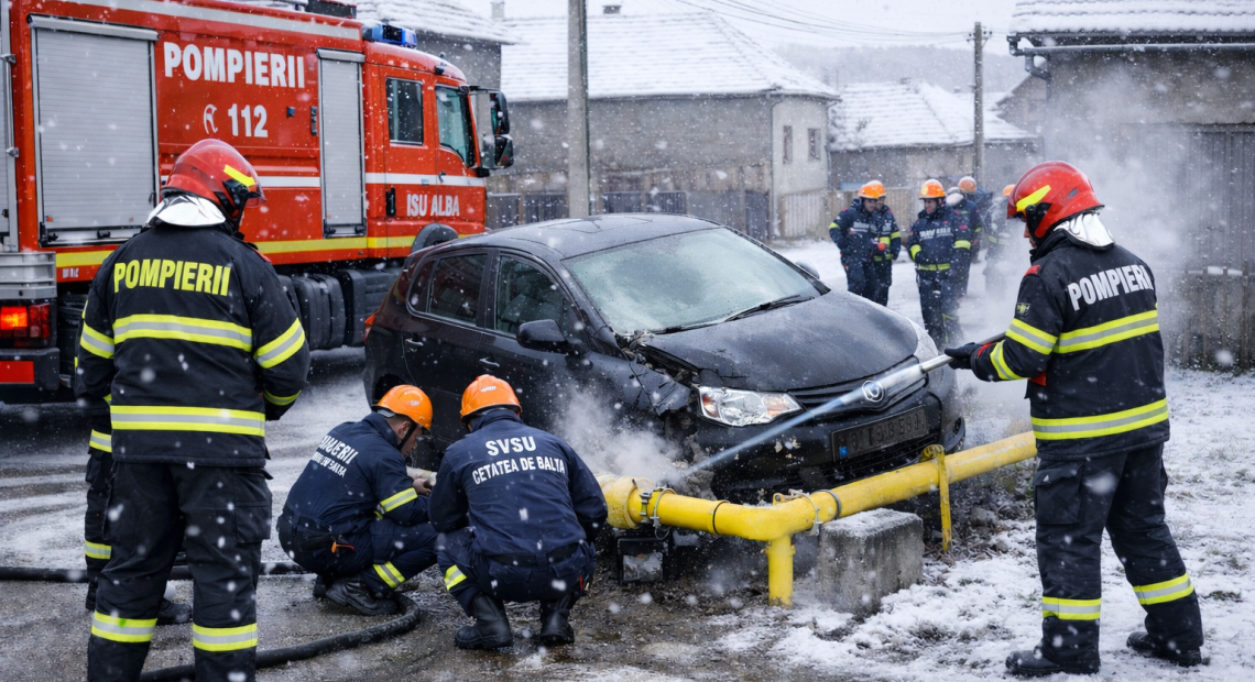 Alba - O mașină a intrat într-o țeavă de gaz