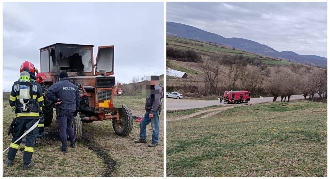 Un tractor a luat foc în Alba! Țăranul s-a salvat - FOTO
